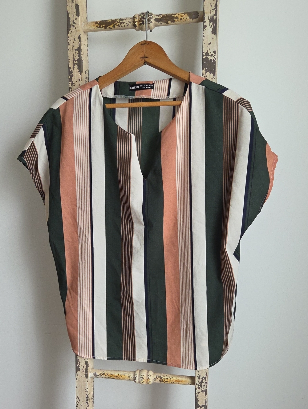 SHEIN Vertical Stripe V-Neck Cap Sleeve Top - Blush, Forest & Cream